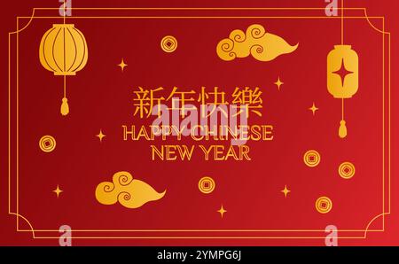 Chinesisches Neujahrsbanner mit Glücksmünzen und Laternen. Happy Chinese New Year Phrase in Englisch und Chinesisch, Mondneujahrsfahne. Stock Vektor