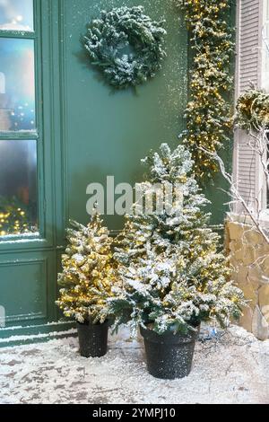 Kleine Weihnachtsbäume mit Lichtergirlanden auf dem Fassadenhintergrund dekoriert. Zwei schneebedeckte Tannen mit Frostzweigen in Töpfen am grünen Eingang Stockfoto