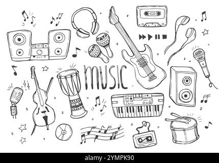 Handgezeichnetes Sketch-Set mit Musikkultur-Kritzeleien, Instrumenten, Notizen, Schildern Stock Vektor