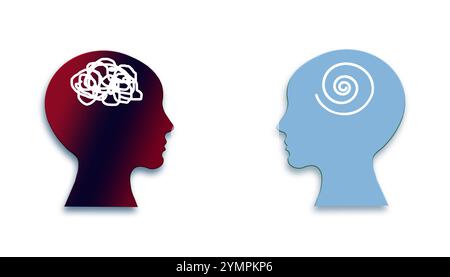 Psychische Gesundheit, Hirnstörungskonzept. Alzheimer und Psychologiekonzept. Psychotherapiekonzept mit menschlichen Köpfen, Therapeuten und Patienten. Stockfoto