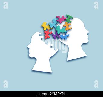Gehirn mit Rätsel, Autismus, Gedächtnisverlust, Demenz und alzheimer-Bewusstsein, Weltkonzept für psychische Gesundheit Stockfoto