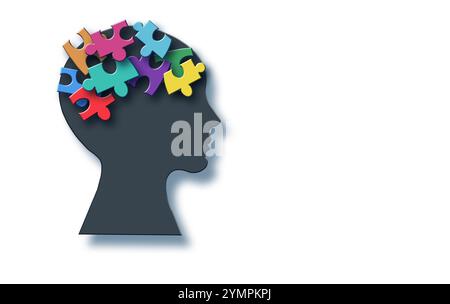 Gehirn mit Rätsel, Autismus, Gedächtnisverlust, Demenz und alzheimer-Bewusstsein, Weltkonzept für psychische Gesundheit Stockfoto