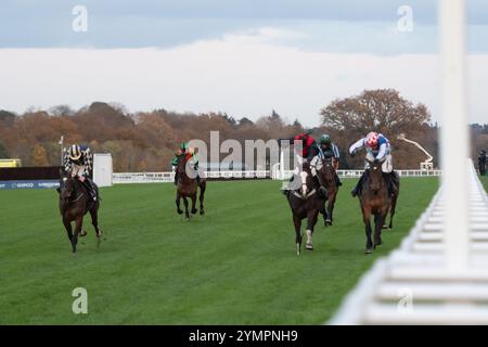 Ascot, Berkshire, Großbritannien. November 2024. KDEUX SAINT FRAY (R), geritten von Jockey Jonathan Burke, gewinnt das nicht vergessene Open National Hunt Flat Race (Klasse 3) (Elimination der Kategorie 1) (GBB Race). Besitzer Gracehill UK & Partners, Trainer Olly Murphy, Wilmcote, Züchter Thomas Keating, Sponsor Motoclan. Quelle: Maureen McLean/Alamy Live News Stockfoto