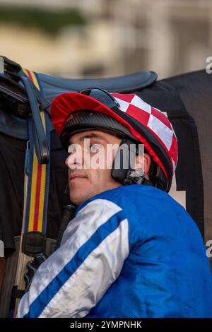 Ascot, Berkshire, Großbritannien. November 2024. Jockey Jonathan Burke nach dem Reiten von KDEUX SAINT FRAY gewann das nicht vergessene Open National Hunt Flat Race (Klasse 3) (Kategorie 1 Elimination) (GBB Race). Besitzer Gracehill UK & Partners, Trainer Olly Murphy, Wilmcote, Züchter Thomas Keating, Sponsor Motoclan. Quelle: Maureen McLean/Alamy Live News Stockfoto