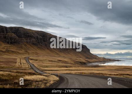 Fjord und ein hoher Berg. Schwarze Schotterstraße, entlang der Küste. Gelbes Herbstgras. Bewölkter Himmel am frühen Abend. Karsstadaa, Snaefellsnes, West I Stockfoto