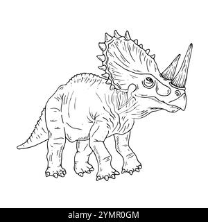 Grafikvektor Schwarzweiß-Dinosaurier. Abbildung mit schwarzer Linie und triceratops im Tintenstil. Zwei Ausführungen - mit und ohne Füllung Stock Vektor