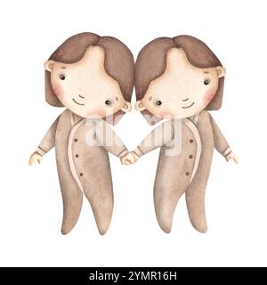 Zodiac Aquarell handgezeichnete Illustration mit Baby gemini. Niedliche Zeichentrickzwillinge für Kinder. Stock Vektor