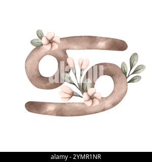 Zodiac Aquarell handgezeichnete Illustration mit Symbolen Krebs und Blättern und Blumen. Horoskop-Symbol, die Bezeichnung der Tierkreiszeichen Stock Vektor