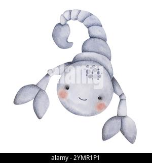 Zodiac Aquarell handgezeichnete Illustration mit skorpion. Niedlicher Zeichentrickskorpion für Kinder. Stock Vektor