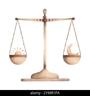 Zodiac Aquarell handgezeichnete Illustration mit libra. Niedliche Zeichentrickwaage mit Sonne und Mond für Kinder. Stock Vektor