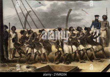 Handkolorierte Lithografie einer Gruppe von Maori-Männern und -Frauen tanzen 1827 auf dem französischen Schiff Astrolabe mit einem französischen Offizier rechts in der Tolaga Bay in der Gisborne-Region der Nordinsel Neuseelands. Jules Sébastien César Dumont d’Urville (1790–1842) war ein französischer Entdecker und Marineoffizier, der den südlichen und westlichen Pazifik, Australien, Neuseeland und die Antarktis erforschte. Stockfoto