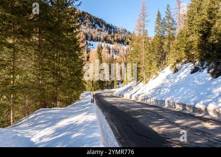 Gerader Abschnitt einer Alpenstraße zwischen schneebedeckten, bewaldeten Hängen an einem klaren Wintertag Stockfoto