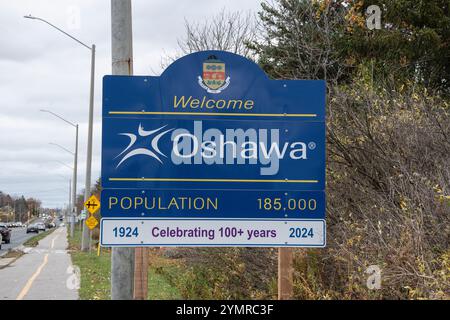 Willkommen im Oshawa-Schild auf der Taunton Road East in Ontario, Kanada Stockfoto