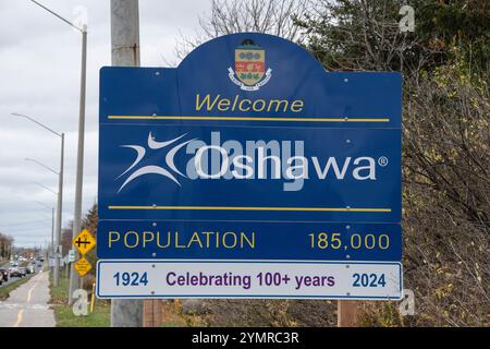 Willkommen im Oshawa-Schild auf der Taunton Road East in Ontario, Kanada Stockfoto