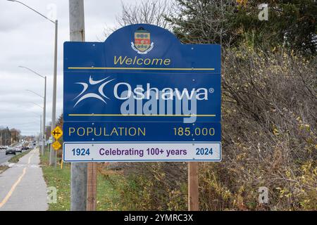 Willkommen im Oshawa-Schild auf der Taunton Road East in Ontario, Kanada Stockfoto