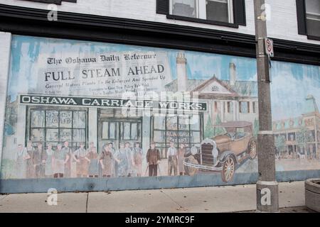 Das historische Wandgemälde Oshawa Carriage arbeitet an der Simcoe Street North in der Innenstadt von Oshawa, Ontario, Kanada Stockfoto