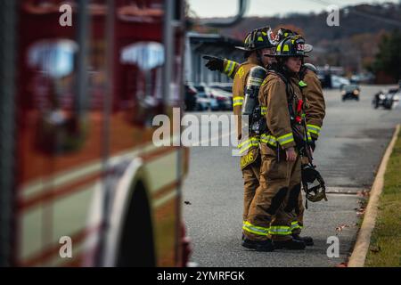 Feuerwehrleute mit Quantico Fire and Emergency Services stehen für eine Hubschrauberevakuierungsübung auf der Marine Corps Base Quantico, Virginia, 21. November 2024 zur Verfügung. Die Quantico Fire & Emergency Services verpflichten sich, Leben und Eigentum durch Brandbekämpfung, medizinische Notdienste, Brandschutz, Katastrophenmanagement und öffentliche Aufklärung zu schützen. (Foto des U.S. Marine Corps von Lance CPL. Braydon Rogers) Stockfoto