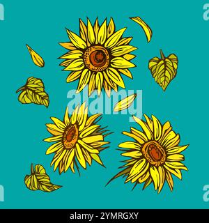 Sonnenblumen Linie Kunst, Feine Linie Sonnenblumensträuße Handgezeichnete Illustration. Ausmalseite mit Sonnenblumen. Stock Vektor