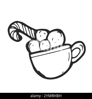 Tasse heißer Kakao mit Marshmallows und Zuckerrohr isoliert auf weißem Hintergrund. Vektor-handgezeichnete Illustration im Doodle-Stil. Perfekt für Urlaub und Stock Vektor