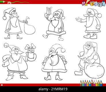 Cartoon-Illustration von Weihnachtsklauseln Charakteren mit Geschenken auf der Ausmalseite zur Weihnachtszeit Stock Vektor