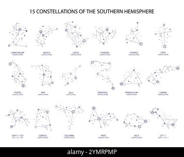 Eine Reihe von Konstellationen der südlichen Hemisphären - corvus, cetus, Lupus und andere. Alle Hauptkonstellationen mit Namen von Sternen und Sternbildern. Sk Stock Vektor