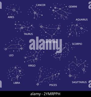 Set aus isolierten Sternzeichen mit Namen, blauer Hintergrund. Mystisches magisches, esoterisches Boho-Design für Stoffdesign, Tarot, Astrologie, Wrappin Stock Vektor