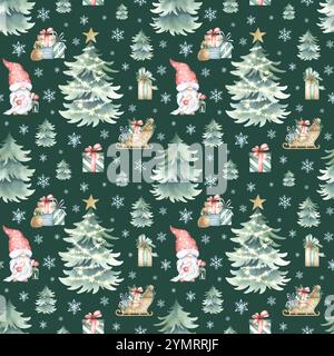 Nahtloses Weihnachtsmuster mit Gnom, Fichte mit strahlenden Lichtern, Geschenkboxen und Schlitten. Aquarellillustration auf dunkelgrün für festliches Neujahrspackpapier, Textil und Designs. Stockfoto