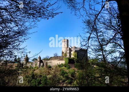 Bad Pyrmont, Deutschland - 21. April 2019: Schloss Pyrmont auf einem Hügel mit Bäumen an einem sonnigen Frühlingstag in Deutschland. Stockfoto