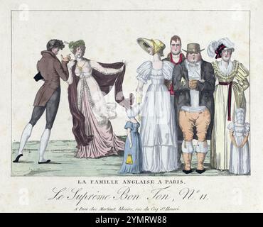 Ein farbiger Kupferstich von Le Supreme Bon Ton caricatures Parisienes No 11 La Famille Anglaise Eine Pariser Aquarellätzung auf Papier Vintage Anfang des 19. Jahrhunderts anonymer Künstler veröffentlicht von Aaron Martinet Antiquitäts-Cartoon. Anglais, die englische Familie, wirkt ungeschickt und hat gute Manieren. Ihre steifen Haltungen und die frechen Kleider der Frauen stehen dem eleganten und modisch gekleideten französischen Paar gegenüber Stockfoto