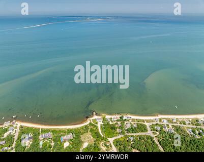 Blick aus der Vogelperspektive auf Lazy Point und Gardiners Island Stockfoto