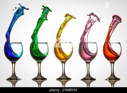 Fünf Weingläser werden mit bunten Flüssigkeiten gefüllt, die Spritzer vor weißem Hintergrund erzeugen Stockfoto