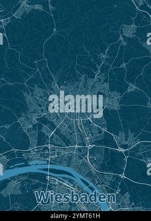 Eine detaillierte Karte von Wiesbaden in einem minimalistischen Stil. Die Karte hat einen dunkelblauen Hintergrund mit weißen Linien Stock Vektor