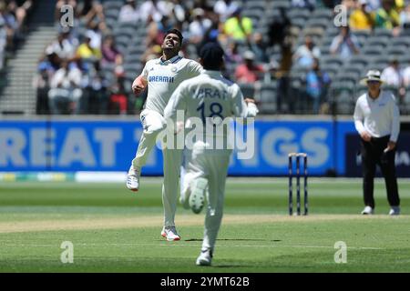 Perth Stadium, Perth, Australien. November 2024. International Test Cricket, Australien gegen Indien 1. Test Day 2; Harshit Rana of India feiert den Sieg über Nathan Lyon für 5 Runs Credit: Action Plus Sports/Alamy Live News Stockfoto