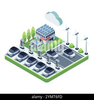 Isometrische Elektroautos an EV-Ladestation und Infrastruktur. Infrastrukturkonzept Für Das Laden Von Elektrofahrzeugen Stock Vektor