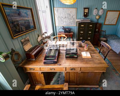 Óskar Halldórsson Büro in der Salzstation Róaldsbrakki. Heringszeitmuseum. Siglufjörður, Island Stockfoto