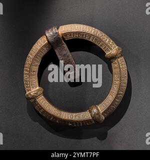 Türring aus der Reykholter Kirche (1612). Gesehen im Isländischen Nationalmuseum (Þjóðminjasafnið), Reykjavík, Island. Stockfoto