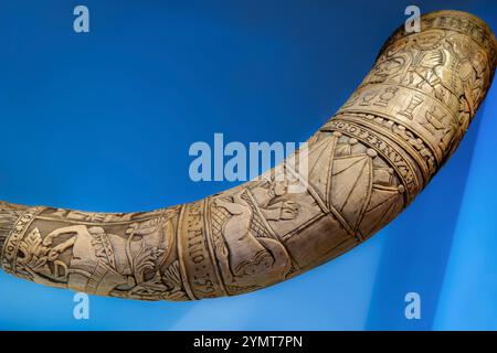 Trinkhorn (16. Jahrhundert). Gesehen im Isländischen Nationalmuseum (Þjóðminjasafnið), Reykjavík, Island. Stockfoto