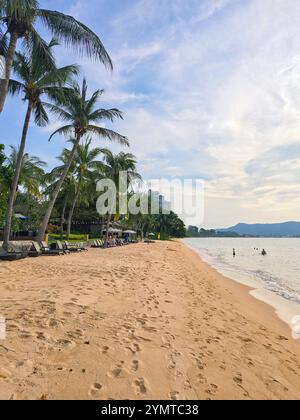 Bei einem Spaziergang entlang des unberührten Strandes von Bangsaray Thailand entdecken Sie weichen Sand und wiegende Palmen. Stockfoto