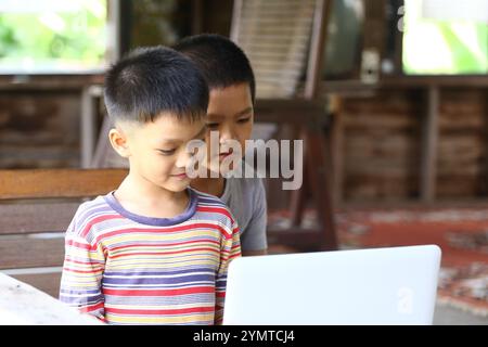 Zwei Kinder versammeln sich um einen Laptop, nehmen zu Hause an einer lehrreichen Aktivität Teil und zeigen Neugier und Teamarbeit in einer warmen, einladenden Atmosphäre. Stockfoto