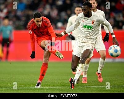 München, Deutschland. November 2024. Torschuss Aktion Torchance Jamal Musiala FC Bayern München FCB (42) Chrislain Matsima FC Augsburg FCA (05) FC Bayern München FCB vs. FC Augsburg FCA 22.11.2024 DFL VORSCHRIFTEN VERBIETEN JEDE VERWENDUNG VON FOTOGRAFIEN ALS BILDSEQUENZEN UND/ODER QUASI-VIDEO/dpa/Alamy Live News Stockfoto