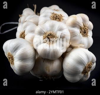 Organische Knoblauchköpfe oder -Zwiebeln isoliert auf schwarzem Hintergrund. Knoblauchzopf. Nahaufnahme. Details. Stockfoto