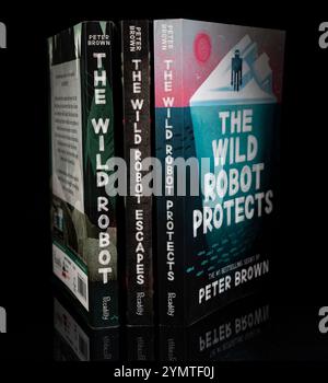 Nova Bana, Slowakei - 22. November 2024 : Buchcover der White Robot Books, geschrieben von Peter Brown. Isoliert auf schwarzem Hintergrund. Stockfoto