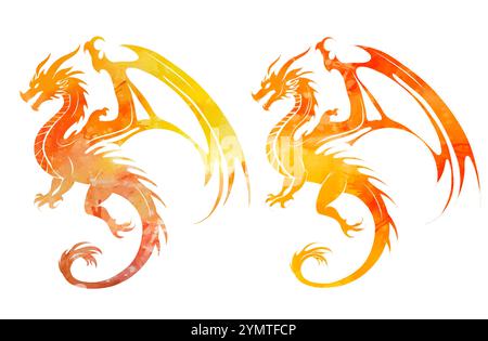 Vektorsatz von Gelbgold Drachen Silhouette Clip Arts. Sammlung von orangen Silhouettendrachen mit Flügeln, die vom Hintergrund isoliert sind. Mythologisch Stock Vektor