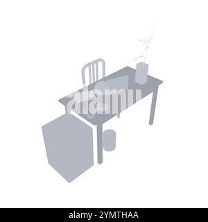 Leere Arbeitsplatzsilhouette, Schreibtischstuhl Computer Arbeitsbereich Büro keine Personen. Vektorabbildung. Isometrische Ansicht Stock Vektor