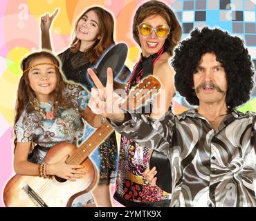 Collage der Familie im Disco-Stil mit Gitarre auf farbigem Hintergrund Stockfoto