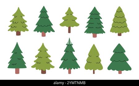 Einfaches Weihnachtsbaumset. Set Fichtenkiefer-Symbol auf weiß. Flache Feiertagsabbildung für Karte, Aufkleber, Geschenkpapier Stock Vektor