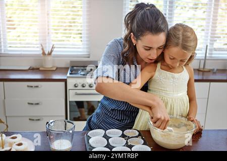 Mutter, Kind und Backen von Muffins in der Küche mit Teigzubereitung, Lehre Rezept oder kulinarische Fähigkeiten. Familie, Frau und Mädchen, die Zutaten mischen Stockfoto