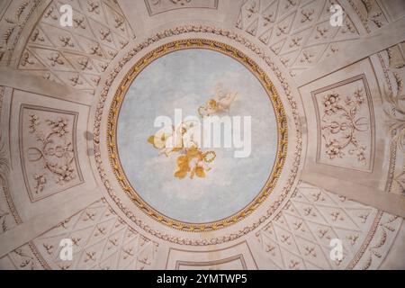 Kammer im Palazzo Comunale in der italienischen Stadt Bologna. Wunderschöne Decke mit Fresken und Skulpturen, Inneres des Museums von Palazzo d'Accursio. Italien Stockfoto