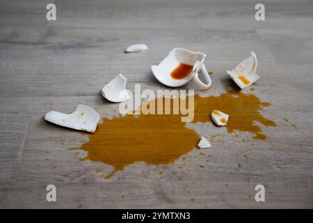 Eine kaputte Tasse Kaffee fiel auf Laminat, Kaffee verschüttete auf dem Boden. Stockfoto