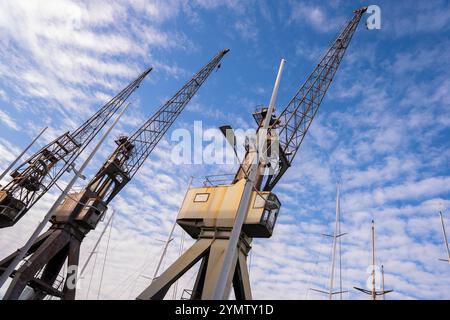 Nahaufnahme von großen Frachtkranen am Seehafen, an der Küste. Alter Stadthafen von Genua, Italien 09.01.2024 Stockfoto